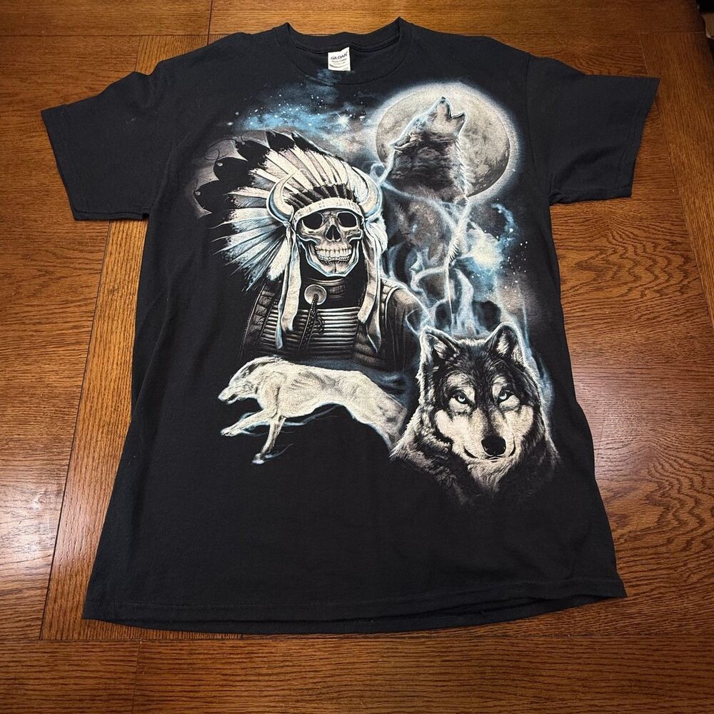 Native American Shirt Mens Large Wolf Moon Black Skull Graphic Tee